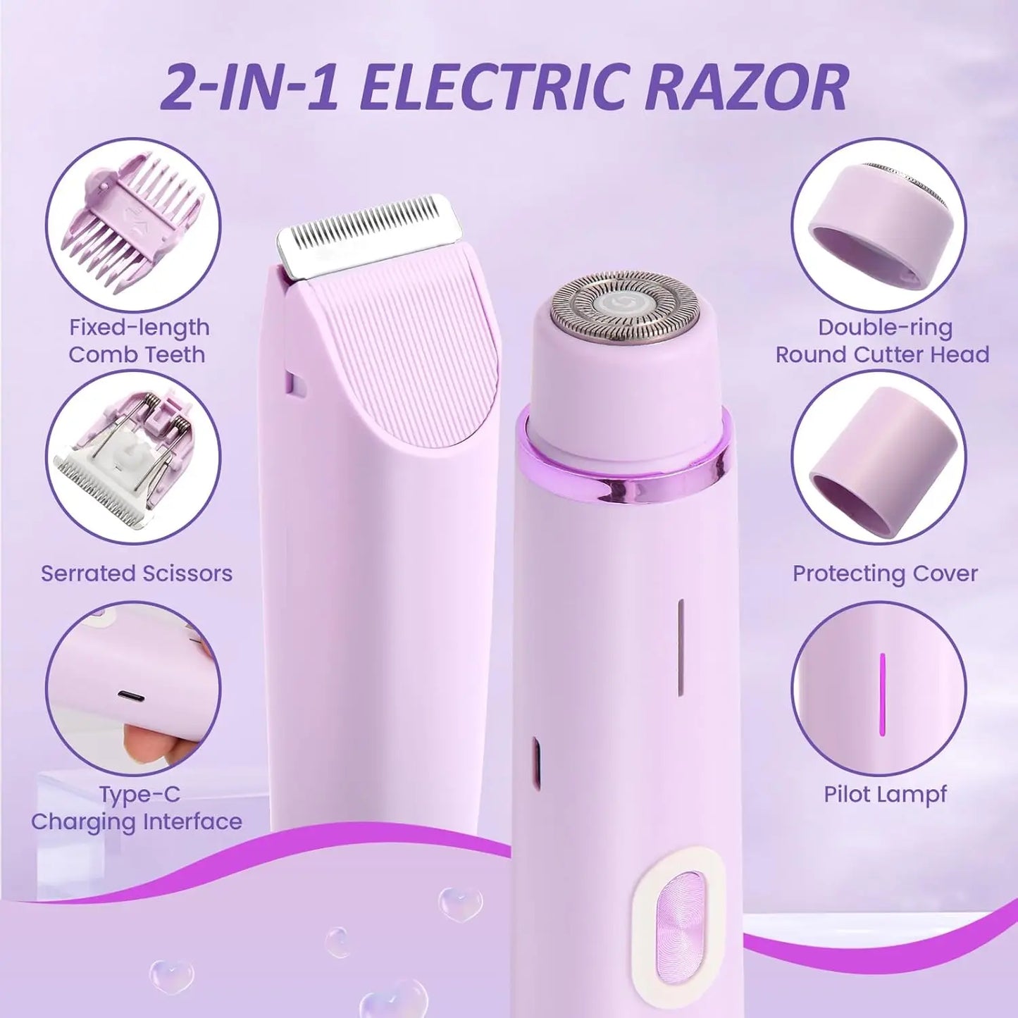 Rasoirs électriques pour femmes 2 en 1 rasoir électrique pour tondeuse pubienne IPX7 étanche utilisation humide et sèche rasoir bikini pour le corps